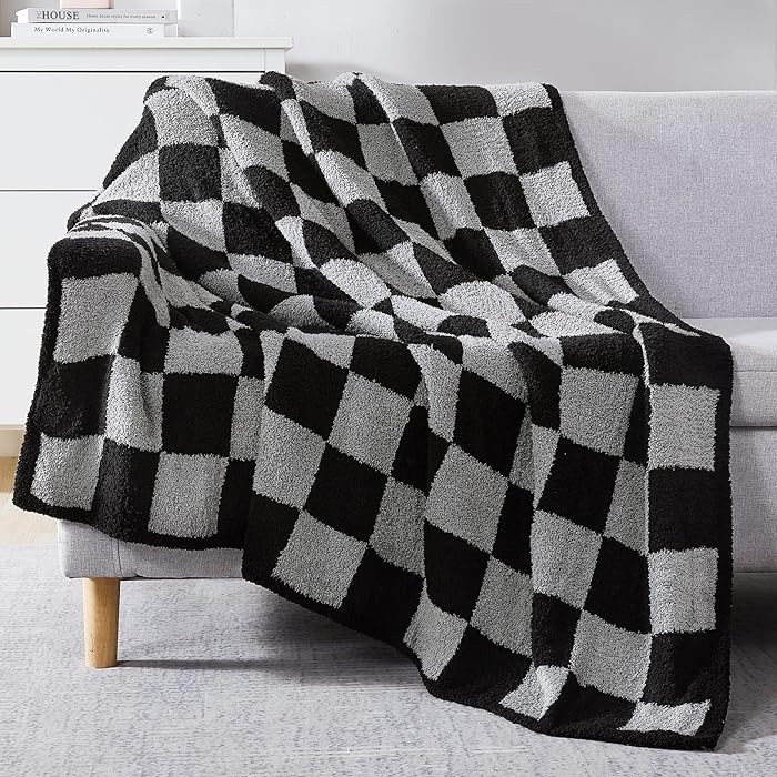 WRENSONGE Checkered Throw Blanket, Black Grey Checkered Soft Cozy Fluffy Warm Hand Made Throw Bla... | Amazon (US)