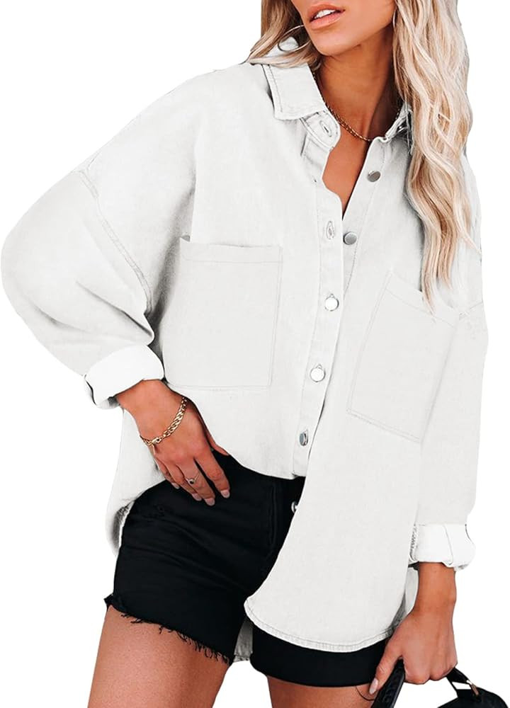 Dokotoo Womens Contrast Leopard Denim Jacket Long Sleeve Button Down Shirts Boyfriend Oversized B... | Amazon (US)