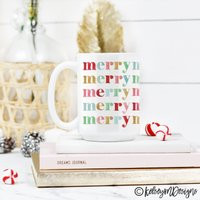 Merry Christmas Mug, Colorful Holiday Coffee Decor, 15 Oz Hot Cocoa Cup, Fun Kitchen, Cup | Etsy (US)