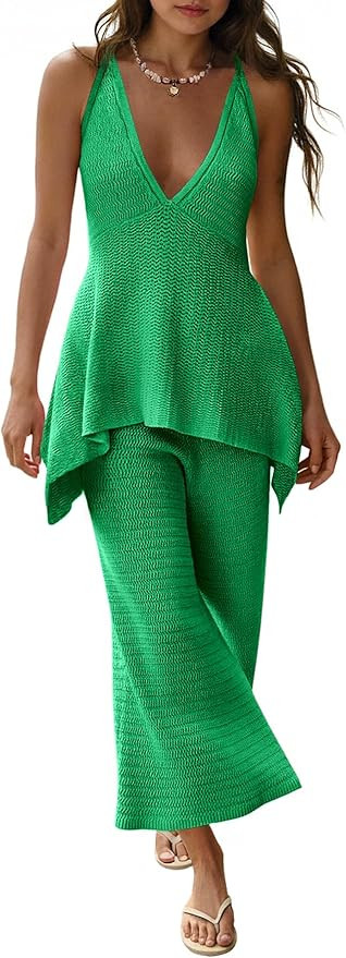 Tankaneo Womens 2 Piece Knit Sets Summer Vacation Outfits Deep V Neck Flowy Tank Tops Wide Leg Pa... | Amazon (US)
