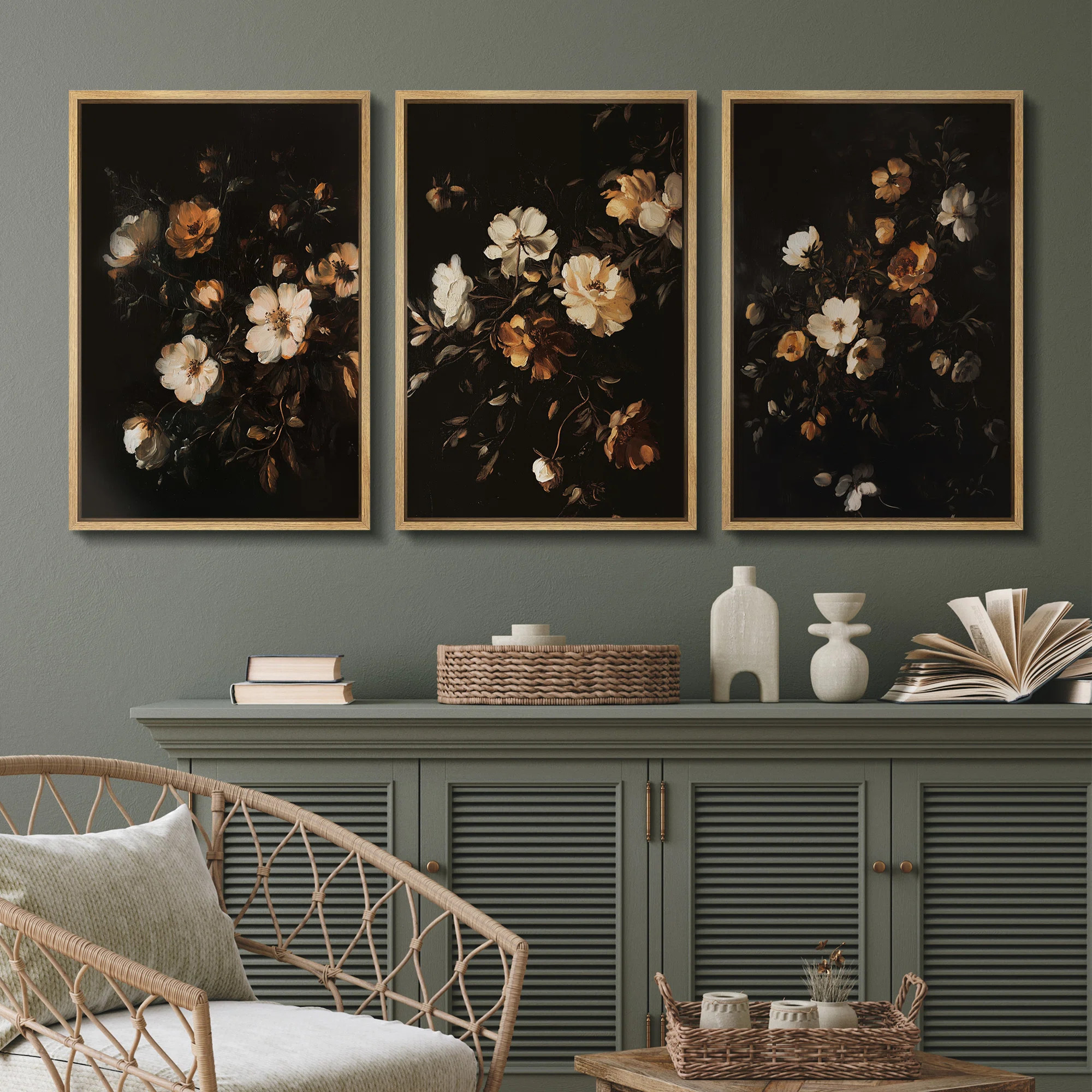 Vintage Floral Canvas Wall Art Set, Dark Botanical Framed Art Prints for Classic Bedroom or Elega... | Wayfair North America