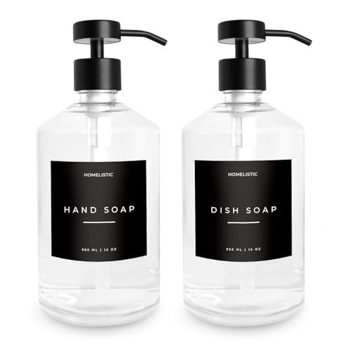 Luxury Glass Soap Dispenser Set of 2 - Elegant Clear Glass Bottles with Matte Black Stainless Steel Pumps, Kitchen Soap and Bathroom Hand Soap Dispenser, Perfect Pump All Homes. | Amazon (US)