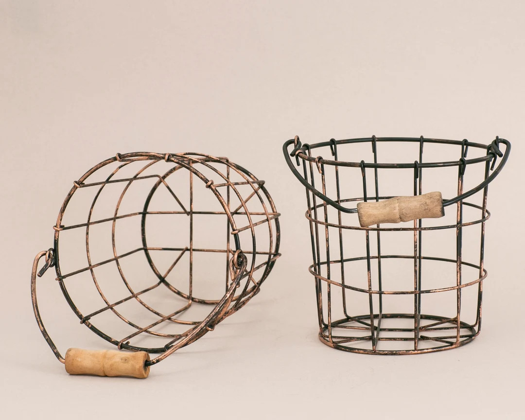 Bronze and Copper Wire Pail | Tiny Metal Basket | Small Metallic Pail with Wood Handle | Petite S... | Etsy (US)