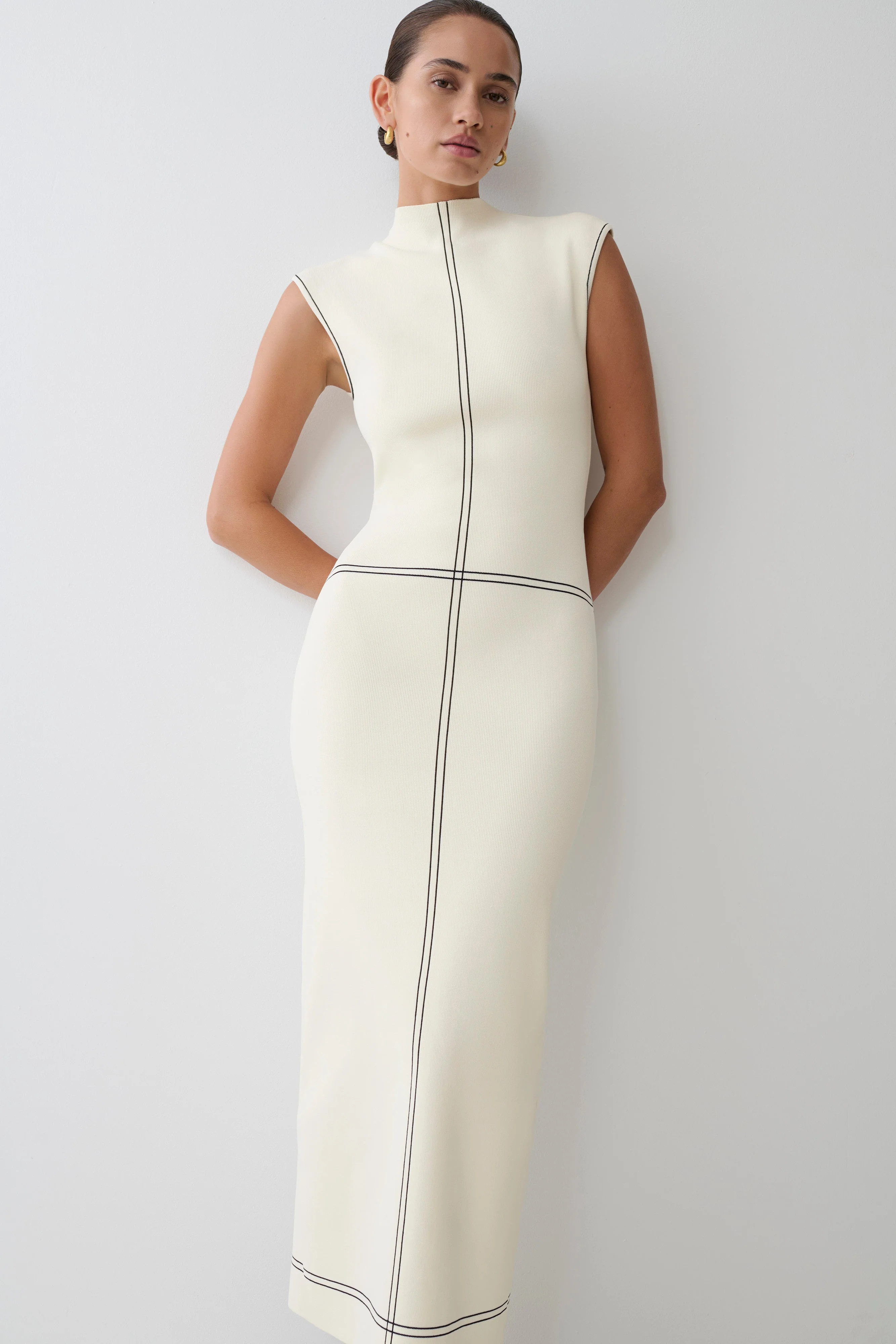 Bandage Knit Midi Dress - Ivory | MESHKI US