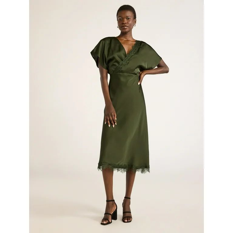 Scoop Women’s Lace Trimmed Bias Cut Midi Dress with Flutter Sleeves, Sizes XS-XXL | Walmart (US)