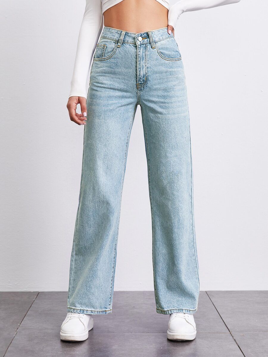 SHEIN BASICS Stone Wash Middle-Waisted Straight Jeans | SHEIN