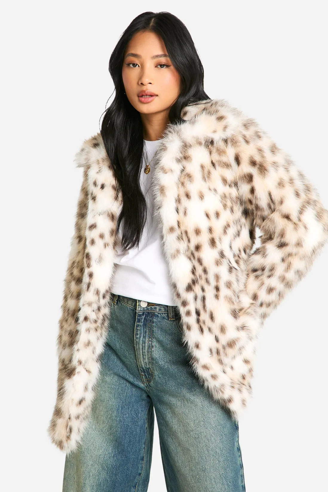 Petite Snow Leopard Faux Fur Coat | boohoo (US & Canada)