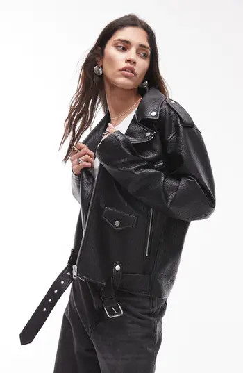 Topshop Oversize Faux Leather Biker Jacket in Black at Nordstrom Rack, Size Small | Nordstrom Rack
