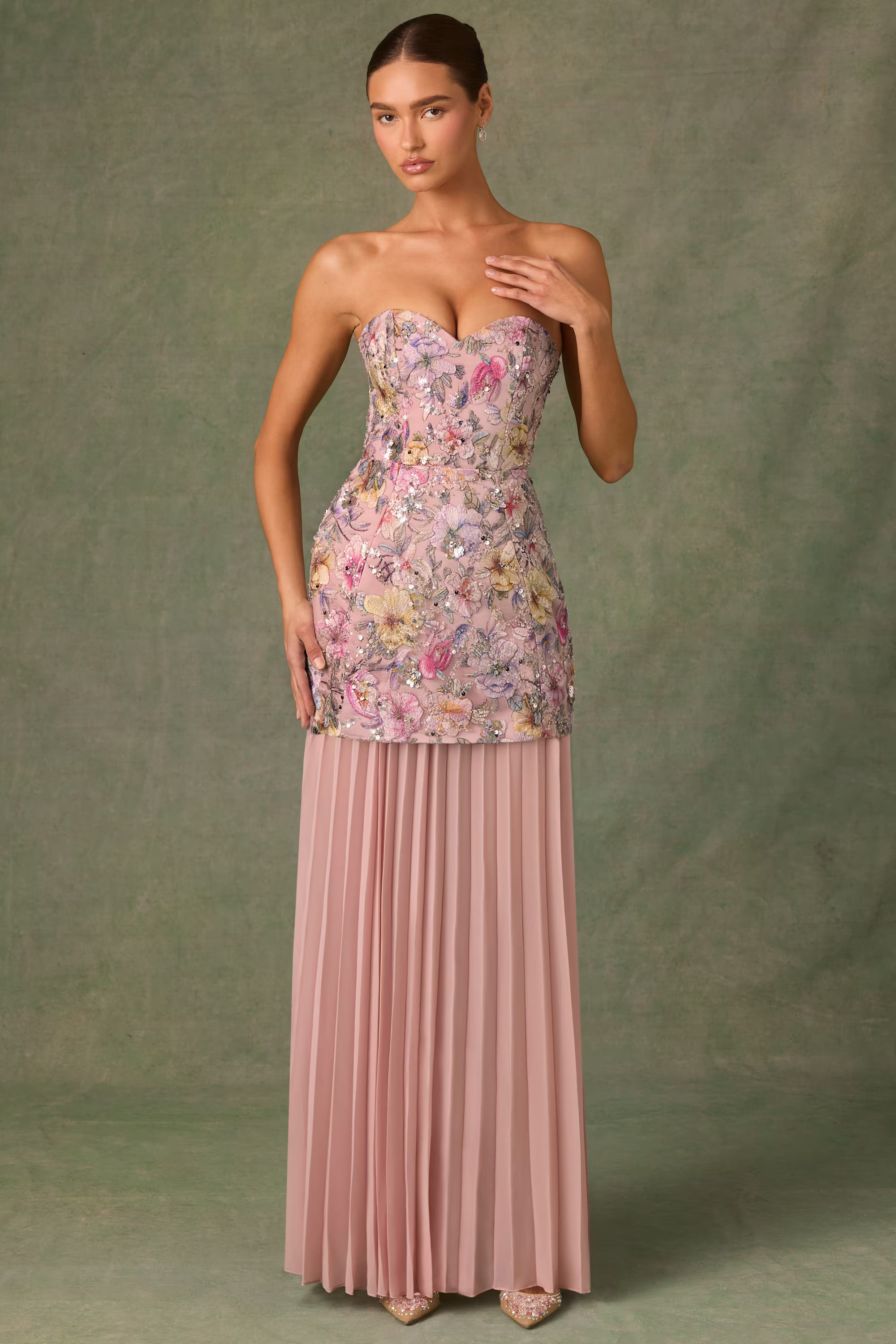 Embellished Convertible Lace-Up Gown in Floral Pink | Oh Polly