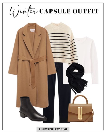 Winter capsule outfit 

Camel coat xs 
Striped sweater xs
Straight leg jeans - madewell jeans I size down two 
Booties 
Wool scarf 
Leather camel tote 

Minimalist style / capsule wardrobe 

#LTKHoliday #LTKworkwear #LTKunder100