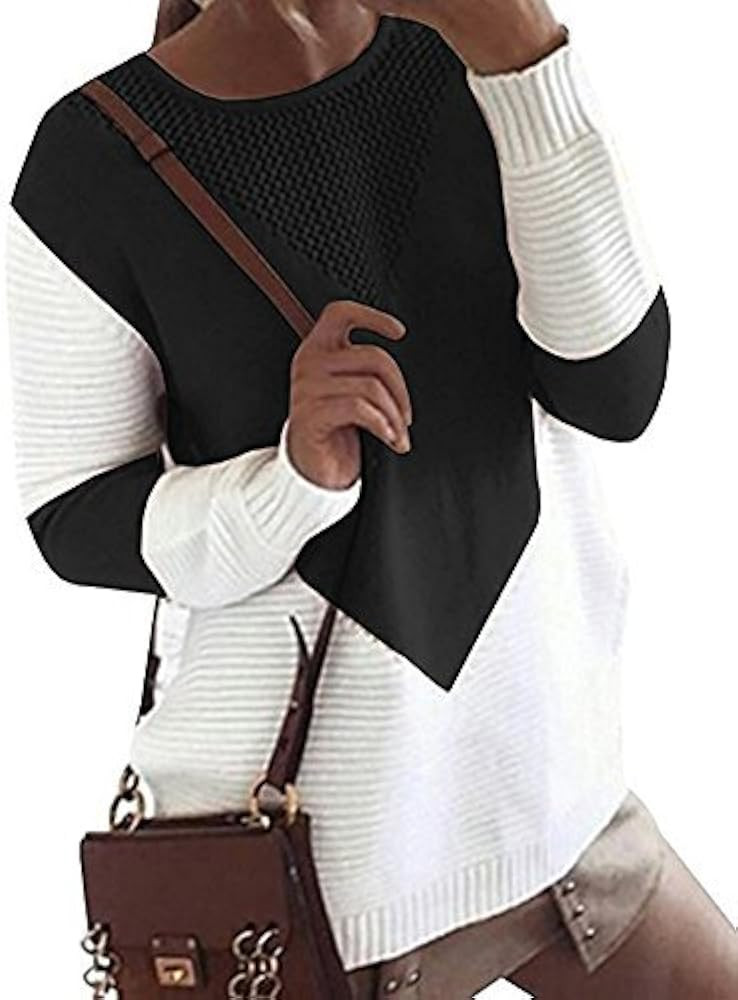 shermie Women Long Sleeve Crew Neck Pullovers Stitching Color Loose Knitted Sweaters | Amazon (US)
