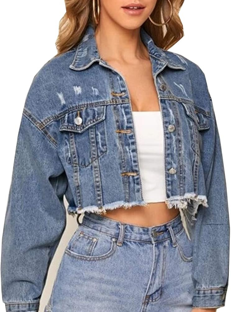 ZHANCHTONG Women's Cropped Denim Jacket Long Sleeve Button Down Basic Classic Jean Jacket | Amazon (US)
