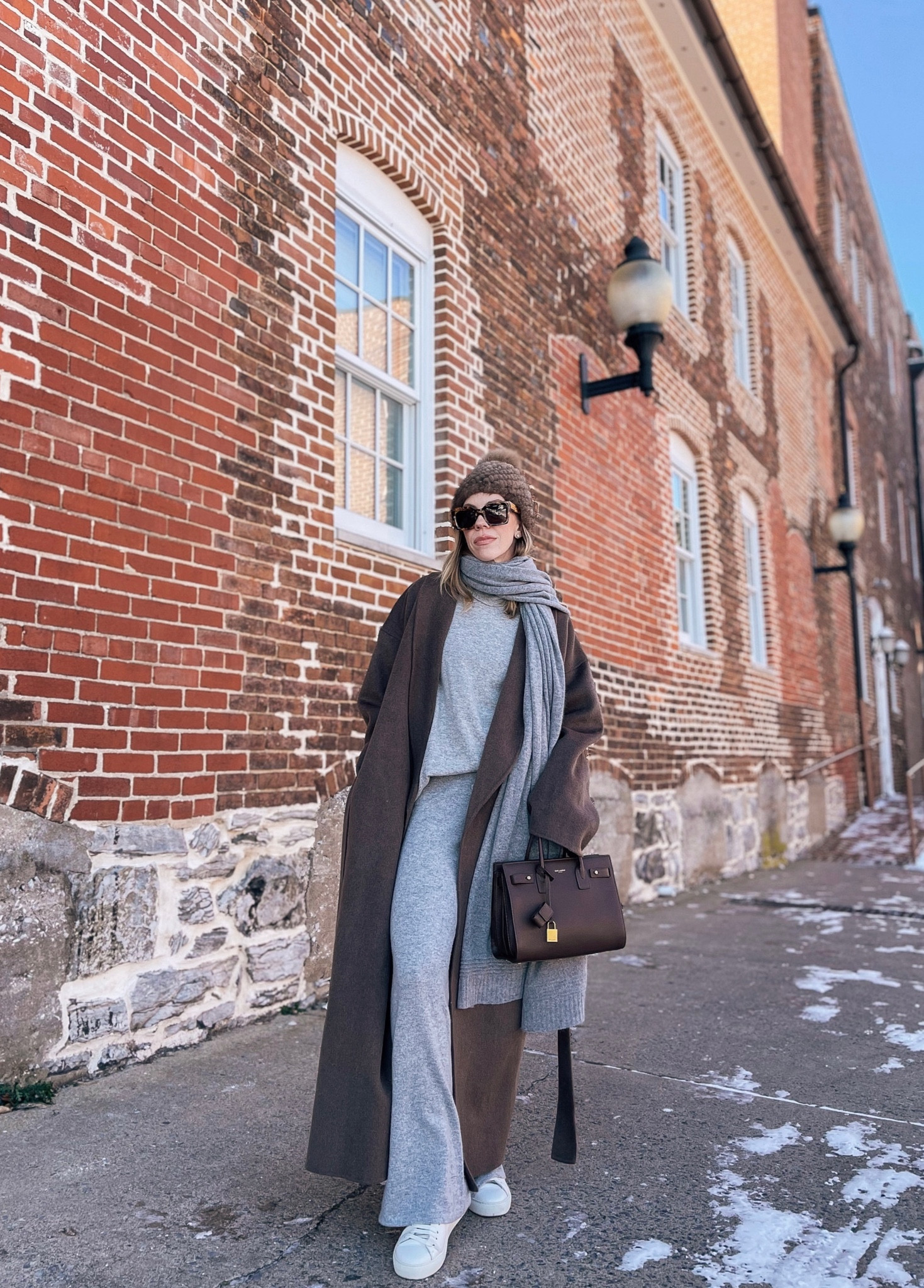 Brown coat outfit, chocolate brown, gray knit set, cashmere pants, white sneakers, layered winter outfitts

#LTKSeasonal #LTKover40 #LTKshoecrush