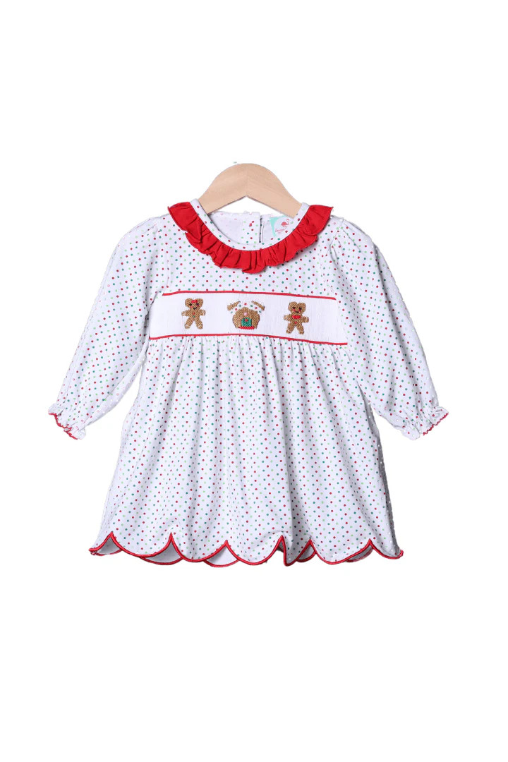 Smocked Gingerbread Mouse Knit Polka Dot Dress | The Smocked Flamingo