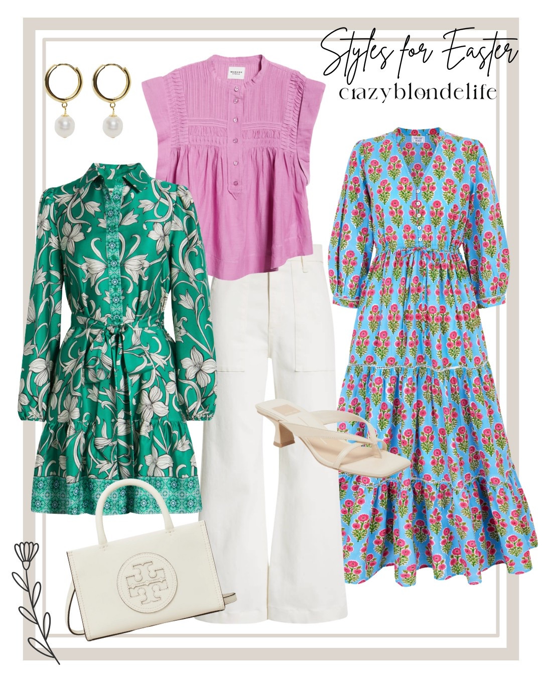 Spring 2025 Easter Outfit Ideas! Featuring two floral patterned dressing, and a bright pink blouse paired with white jeans for a bold spring style. Add a cream Tory Burch bag and kitten heels to finish off the look!

#LTKSeasonal #LTKItBag #LTKStyleTip