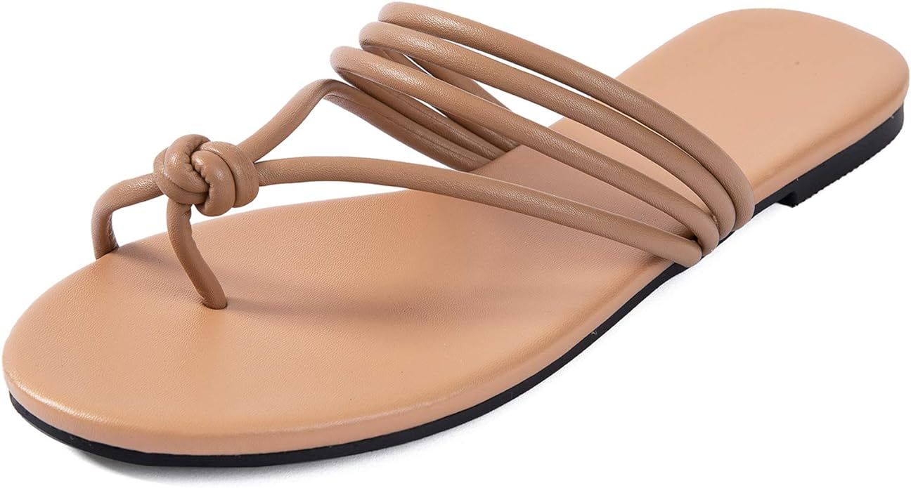 Mtzyoa Women Flat Sandals Strappy Leather Summer Comfort Fashion Slides Sandals | Amazon (US)