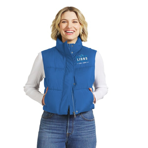 Detroit Lions WEAR by Erin Andrews Women's Cropped Puffer Full-Zip Vest - Blue | Fanatics