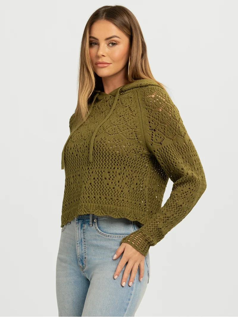 Jessica Simpson Women's Mikaela Pointelle Hoodie Sweater with Long Sleeves, Lightweight, Sizes XS... | Walmart (US)