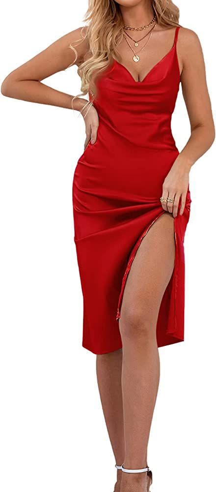 LYANER Women's Satin Drape Cowl Neck Sleeveless Strappy Cami Split Slit Party Midi Dress | Amazon (US)