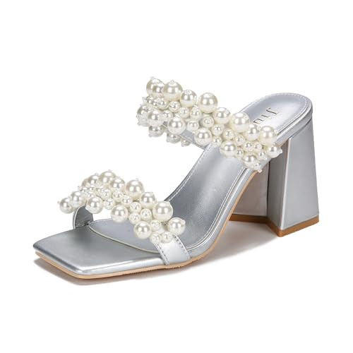 Jiu du Pearl Heels Sandals for Women Low Chunky Block Mules Square Open Toe Slip On Two Strap Party Wedding Pearl Heel Silver US Size 8 | Amazon (US)