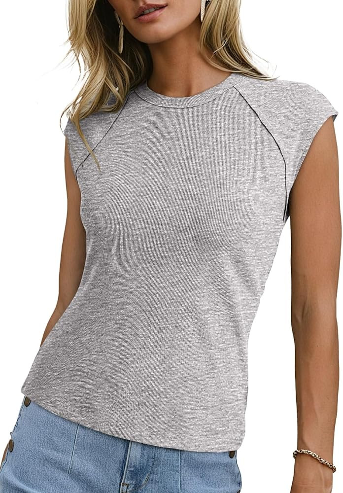 Sidefeel Womens Tops Casual Crewneck Cap Sleeve Tops Ribbed Raw Hem Summer T Shirts Slim Fit Basi... | Amazon (US)