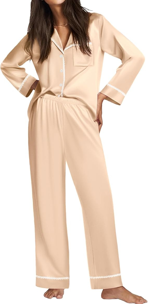 Ekouaer Satin Pajama Set for Women Silky Sleepwear Long Sleeve Top and Pants Button Down Pjs Loun... | Amazon (US)