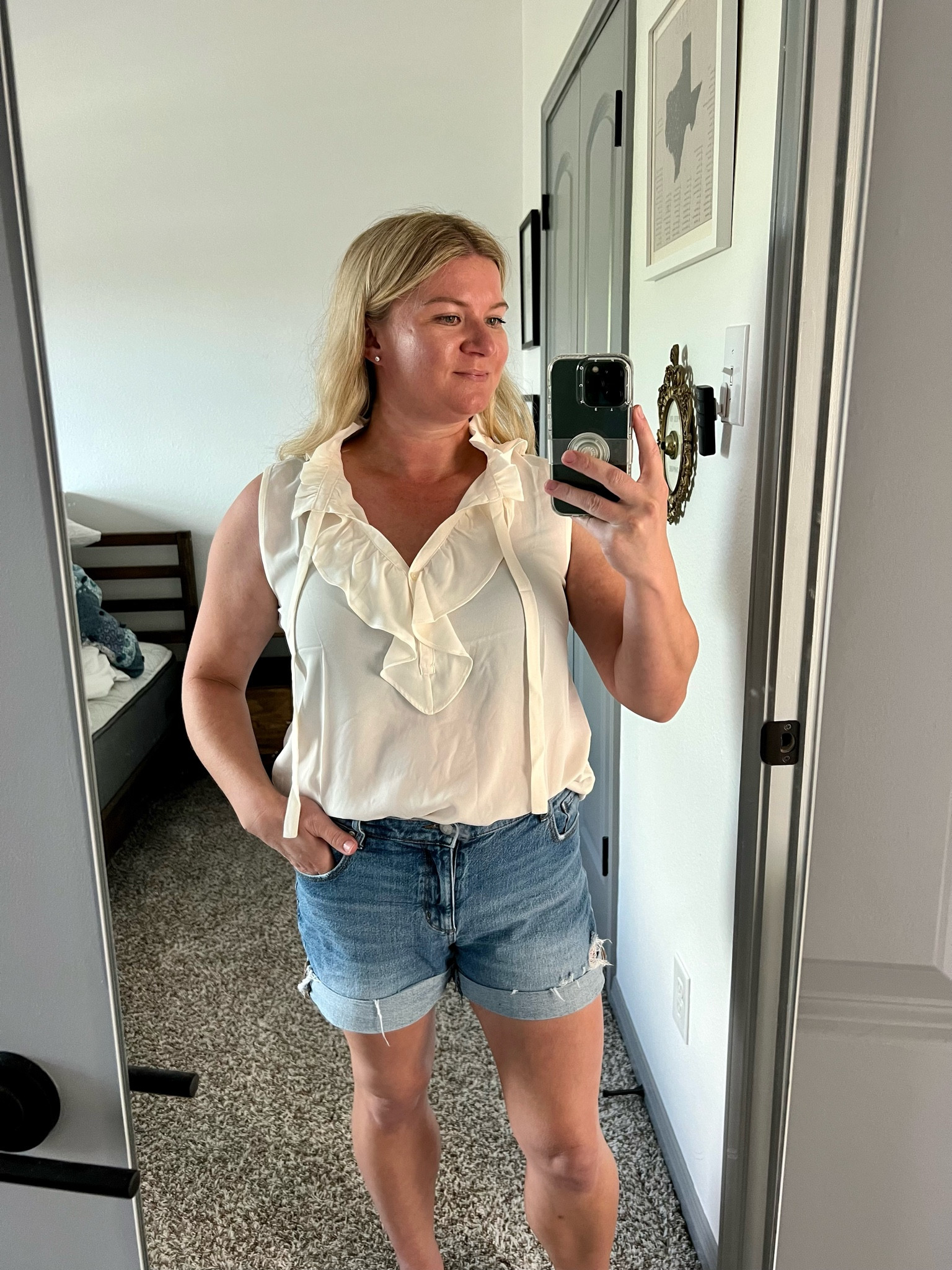 LOFT ruffle neck mixed media blouse

#LTKstyletip #LTKmidsize #LTKfindsunder50