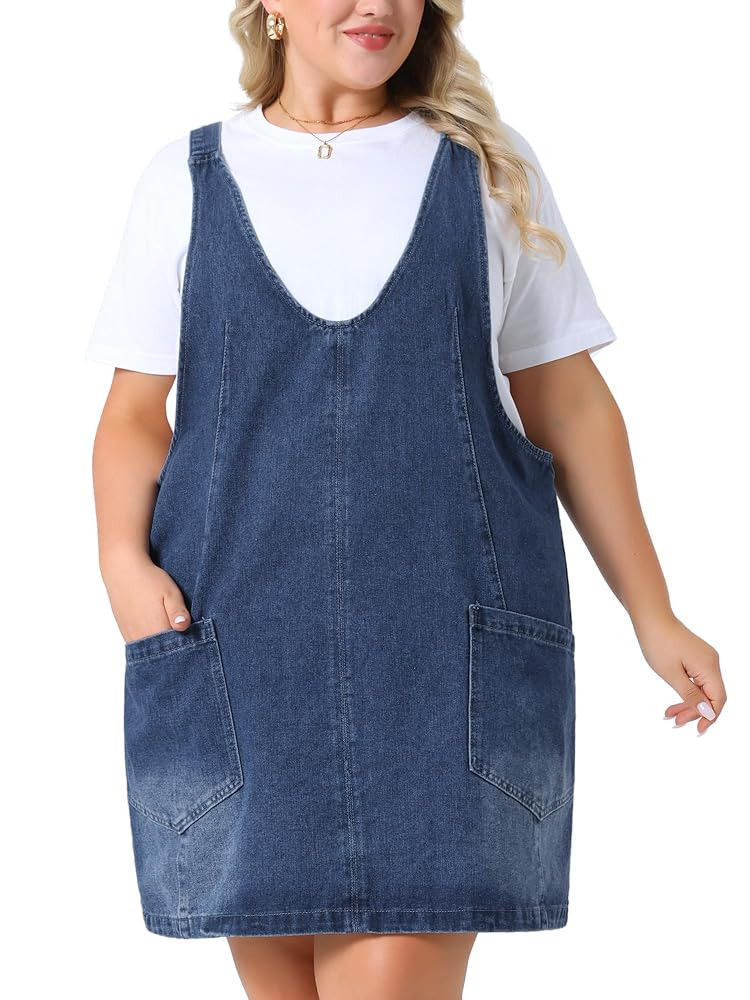 Agnes Orinda Plus Size Denim Overall Dress for Women Sleeveless V Neck Denim Jumper Dress with Po... | Amazon (US)