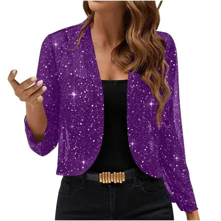 Womens Sparkly Sequin Jacket Girls Cropped Cardigan Blazer Shrugs Mesh Glitter Jacket for Evening Dress Dark Purple S | Walmart (US)