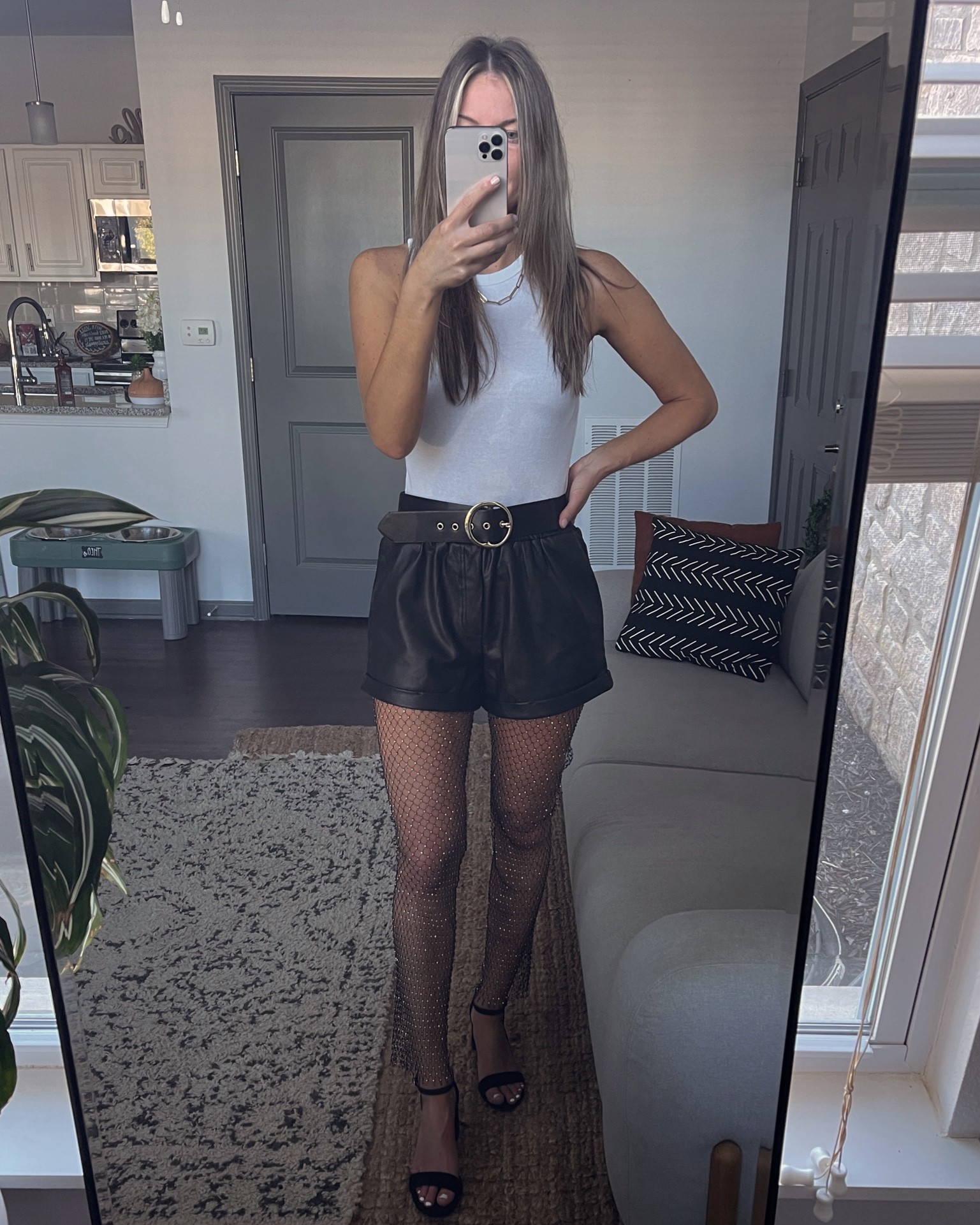 Date night, faux leather shorts, bodysuit, neutral outfit, mesh rhinestone pants, black heels, dainty gold jewelry

#LTKstyletip #LTKunder100 #LTKunder50