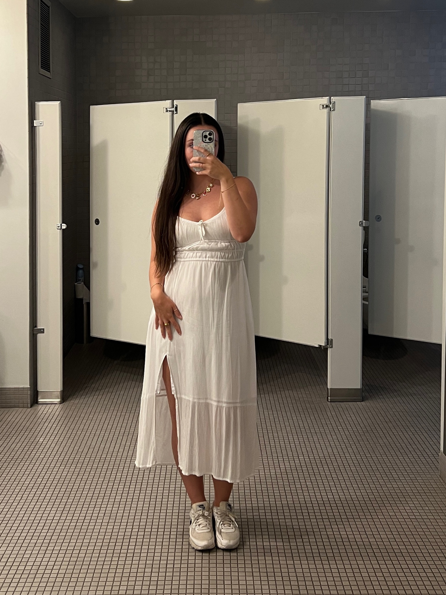 Long white dress, summer dress, charm necklace, everyday sneaker, nike airmax

#LTKStyleTip #LTKFindsUnder50 #LTKSeasonal