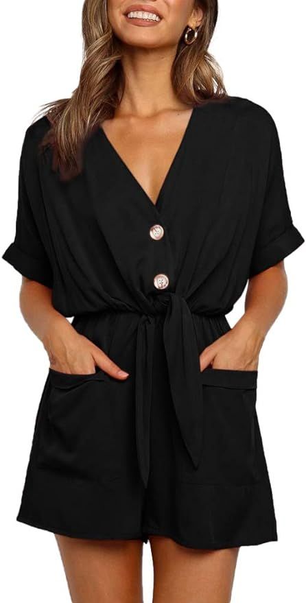 Ivay Womens V Neck Button Rompers Knot Tie Short Sleeve Sexy Loose Playsuit Jumpsuit with Pockets | Amazon (US)