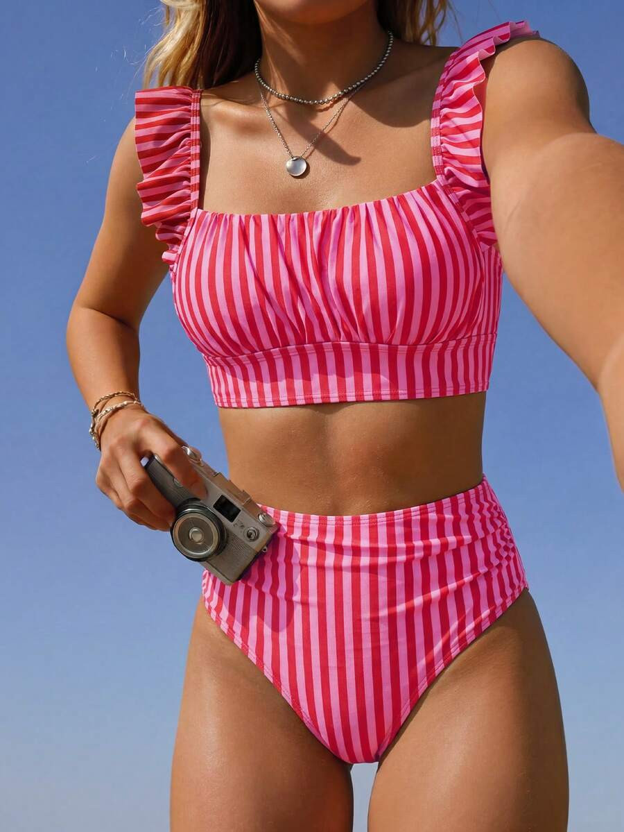 Swim Basics 2pcs Women's Summer Beach Elegant Minimalist Vacation Black & White Polka Dot Ruffle ... | SHEIN