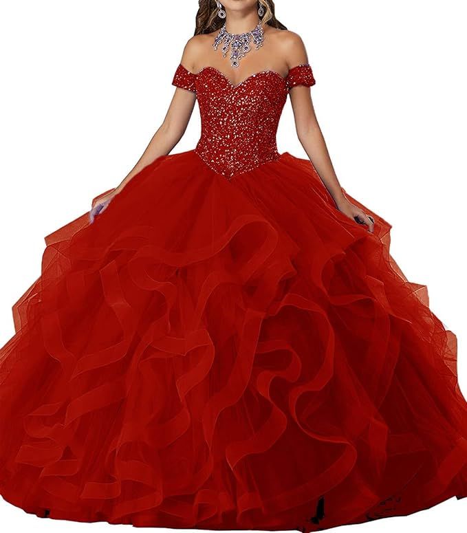 APXPF Women's Crystals Ruffle Quinceanera Dress Sweet 16 Ball Gown Prom Dress | Amazon (US)