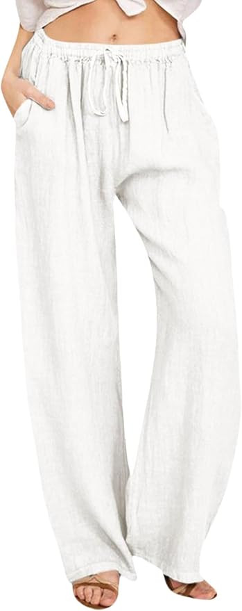 YOCUR Women Wide Leg Flowy Drawstring Palazzo Linen Pants Beach Casual Elastic High Waisted Loose... | Amazon (US)