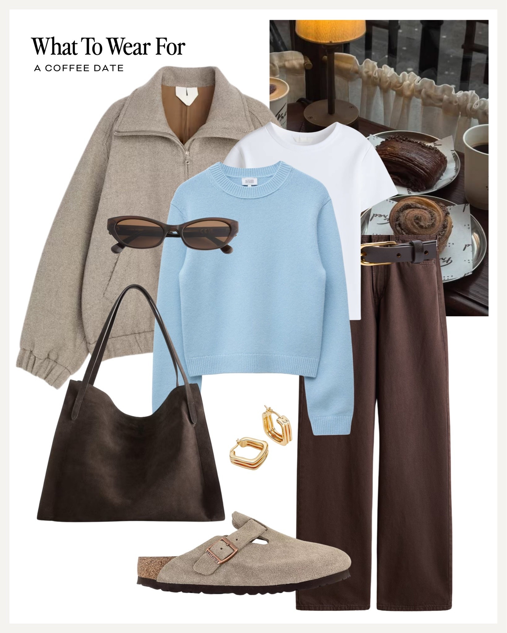 A coffee date ☕️ 

Blue & brown outfits, H&M jeans, powder blue knit, wool jacket, neutral style, Birkenstocks

#LTKautumn