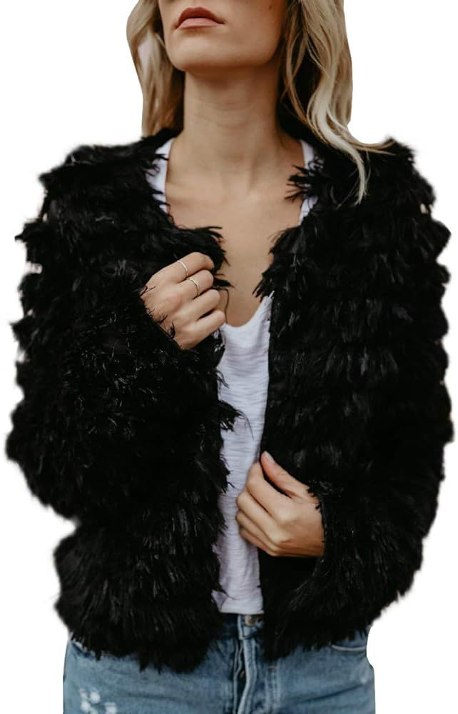 Womens Open Front Faux Fur Cardigan Vintage Parka Shaggy Jacket Coat | Amazon (US)
