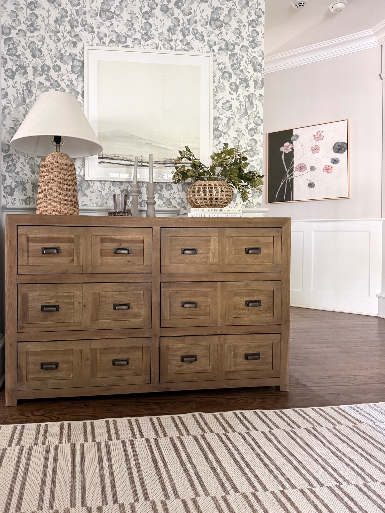 This rug is such a beautiful addition to the room. The neutral stripe pattern adds texture and just enough contrast against the warm wood dresser, while still keeping the space feeling light and timeless.

striped area rug, neutral area rug, bedroom rug, patterned rug, washable rug, natural texture rug, bedroom decor, warm neutral decor, modern coastal home, timeless home decor, fall home decor, girlonthehudson