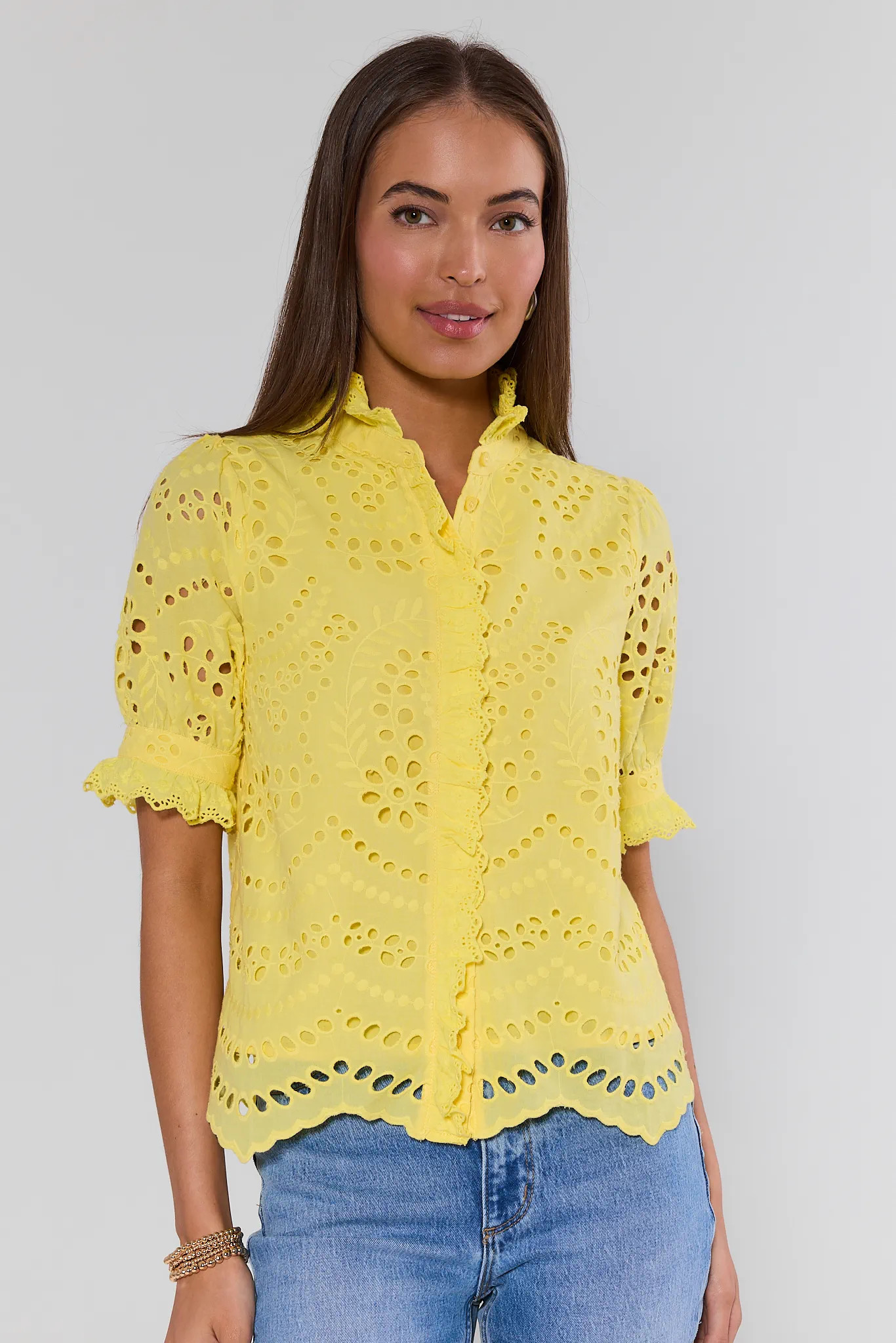 Janey Yellow Eyelet Button Up Top | Avara