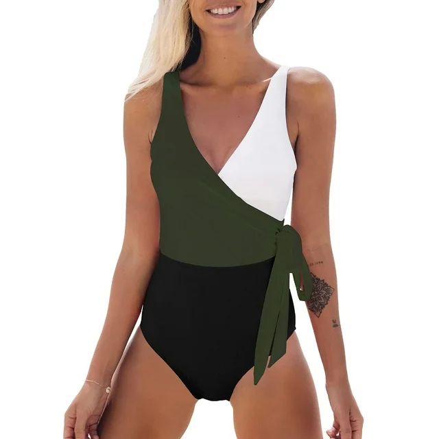 Cupshe Women's One Piece Swimsuit Wrap Color Block Tie Side Bathing Suit Green - Walmart.com | Walmart (US)