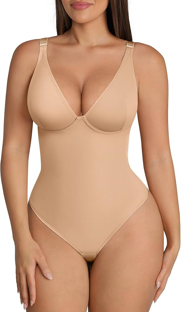 FeelinGirl Shapewear Bodysuits for Women Tummy Control Body Suits Deep V Neck Thong Body Shaper | Amazon (US)