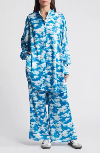 Dressed in Lala Secret Sky Society Oversize Satin Button-Up Shirt & Pants Set | Nordstrom | Nordstrom