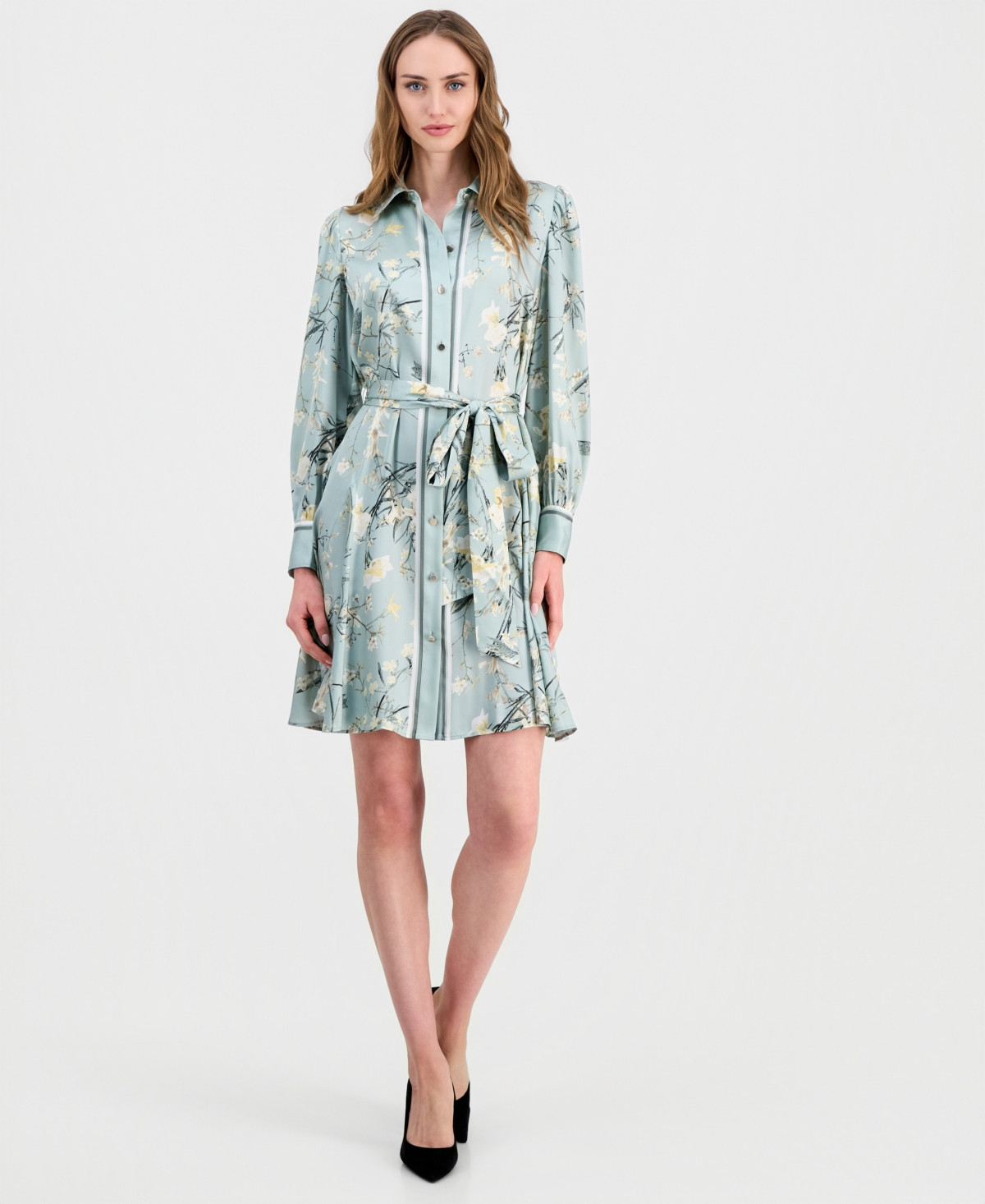 Anne Klein Women's Floral Printed Tie-Waist Shirtdress - Soft Aloe Multi | Macy's