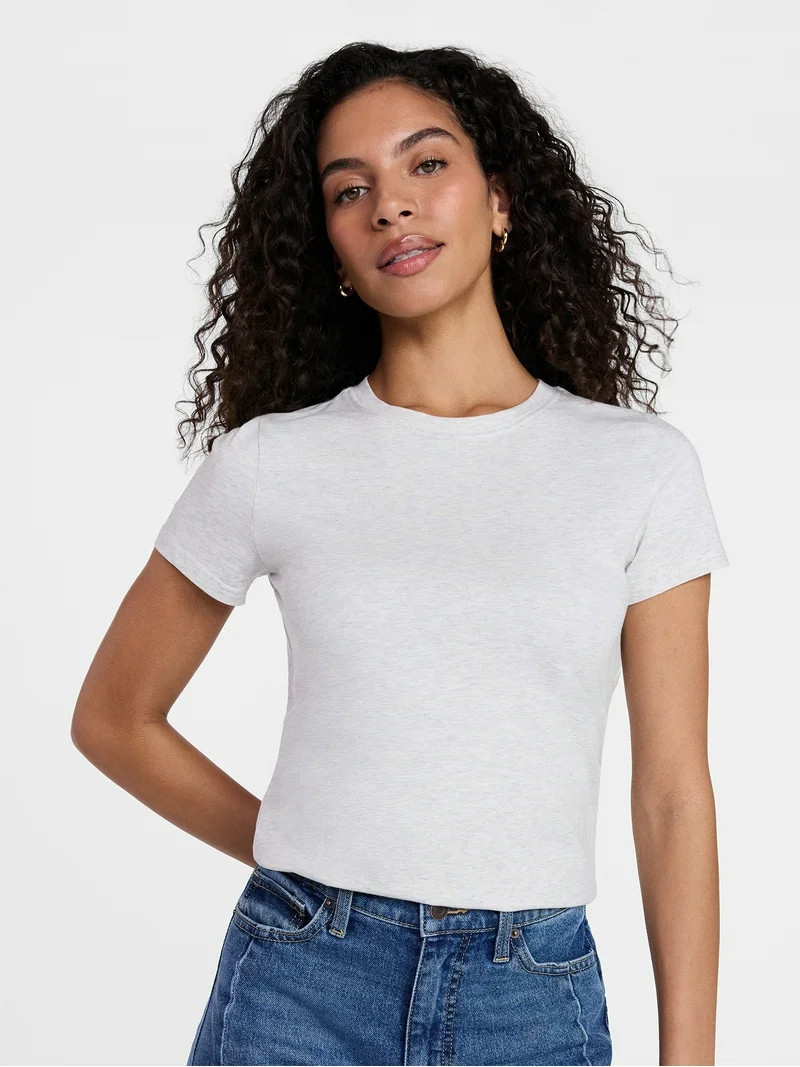 Time and Tru Women's Slim Fit Crewneck Tee with Short Sleeves, Sizes XS-XXXL | Walmart (US)