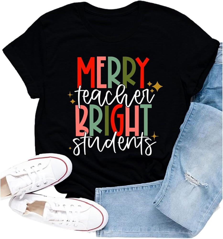 Teacher Christmas Shirt for Women Merry Teacher Bright Students T-Shirts Teachers Life Xmas Bless... | Amazon (US)