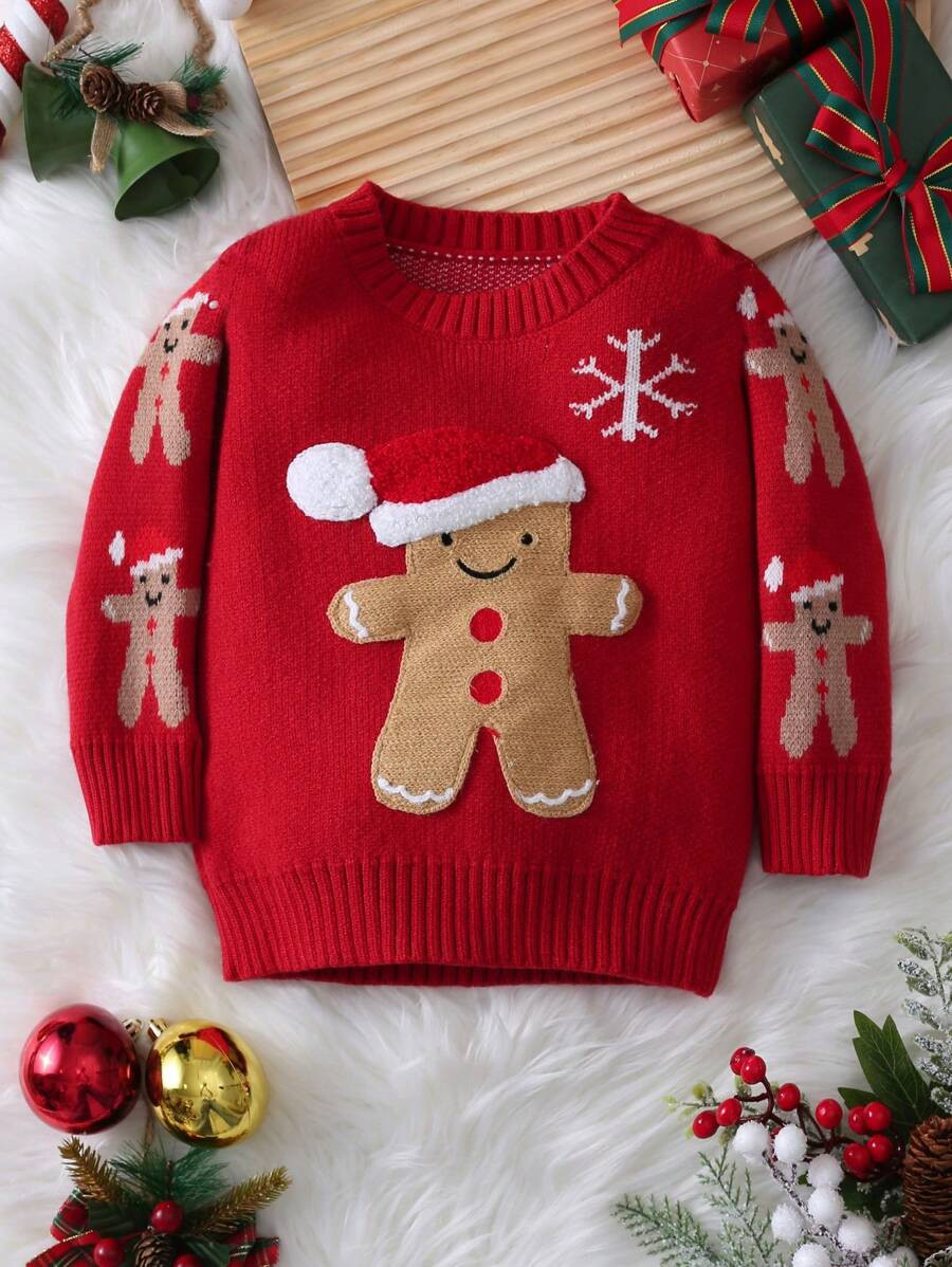 SHEIN Vintaside Kids Baby Boy Christmas Gingerbread Man Pattern Sweater for Christmas | SHEIN