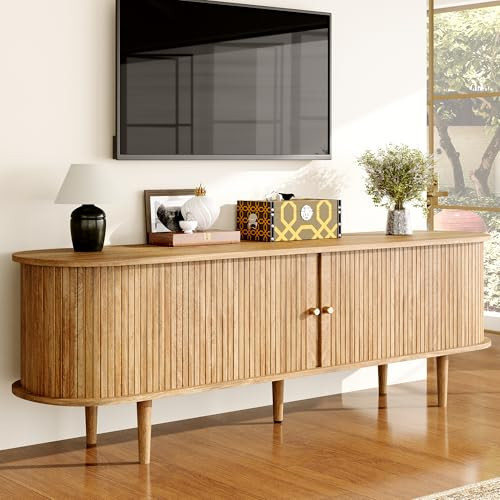 LUXOAK 70" TV Stand with Tambour Door, Mid Century Modern TV Console with Solid Wood Legs for TVs up to 80", Fluted Entertainment Center with Dust-Proof Storage for Living Room, Natural Oak | Amazon (US)