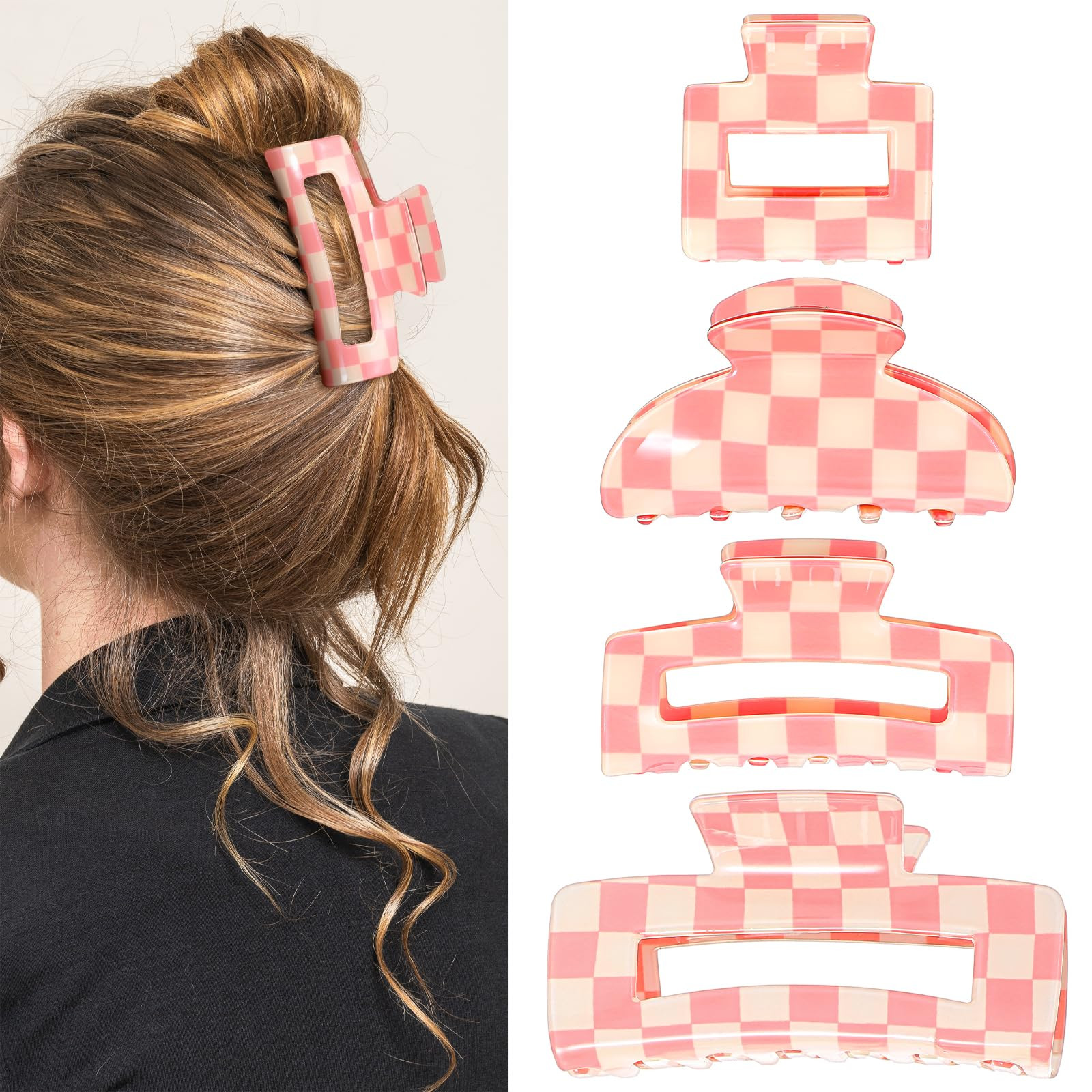 4Pcs Checkered Hair Claw Clips, Non-Slip Hair Jaw Clips for Thick, Thin, Curly, Straight, Long Hair, Simple Style Pink and White Square Checkered Hair Clip, Women's Hair Accessories | Amazon (US)