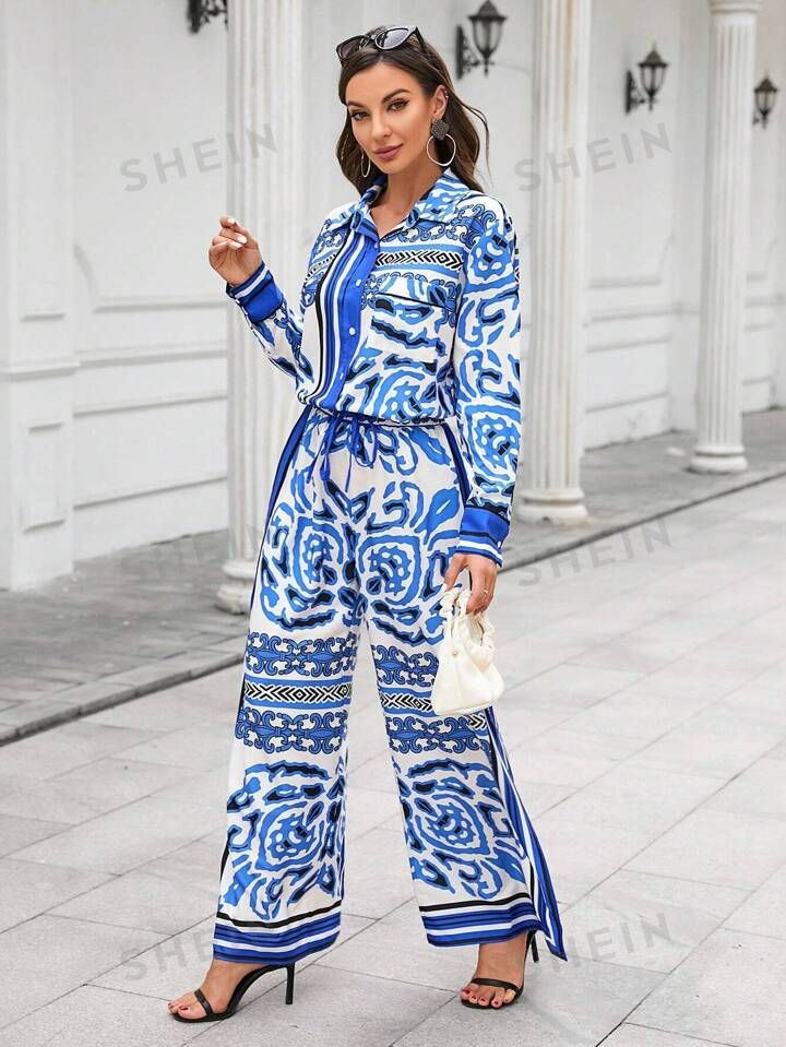 SHEIN Unity Allover Print Shirt & Wide Leg Pants | SHEIN