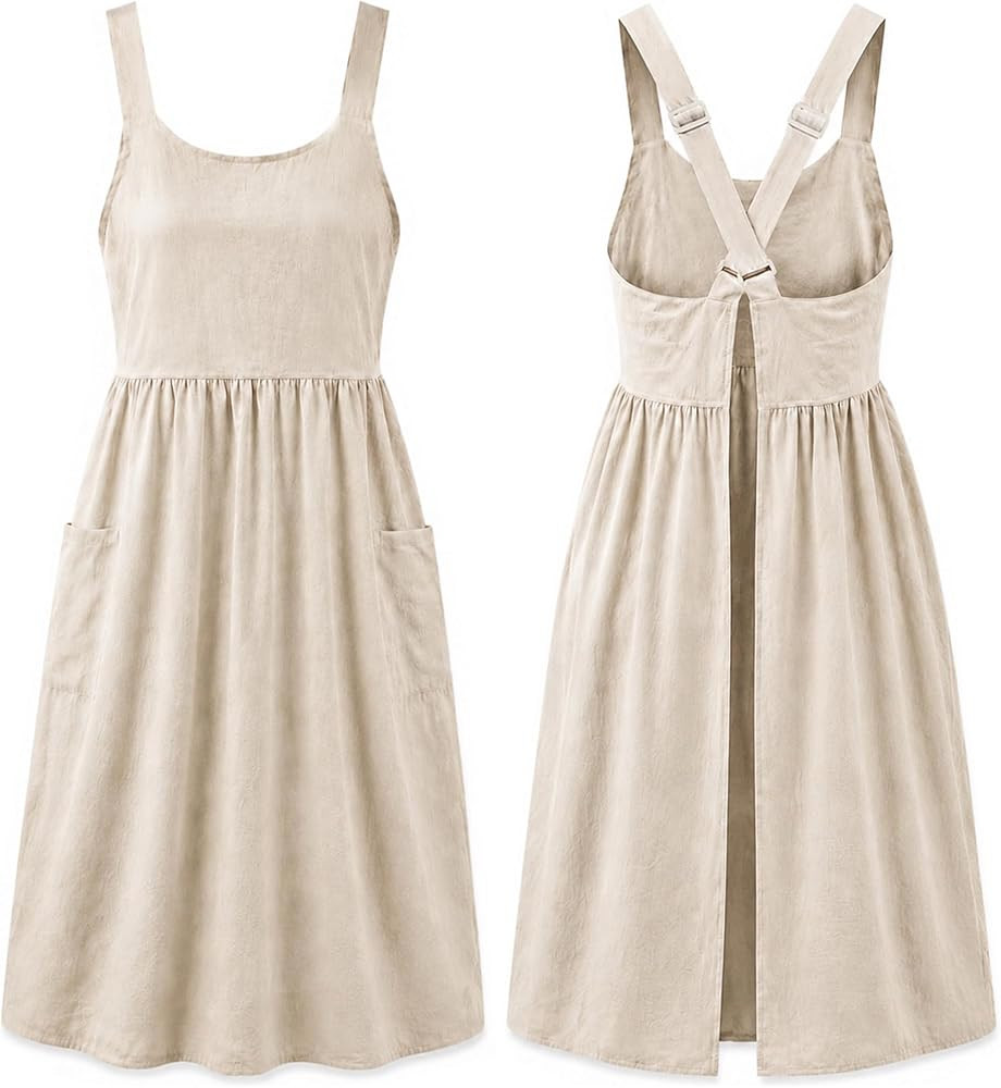 Cotton Linen Apron Cross Back Apron for Women with Pockets Pinafore Dress | Amazon (US)
